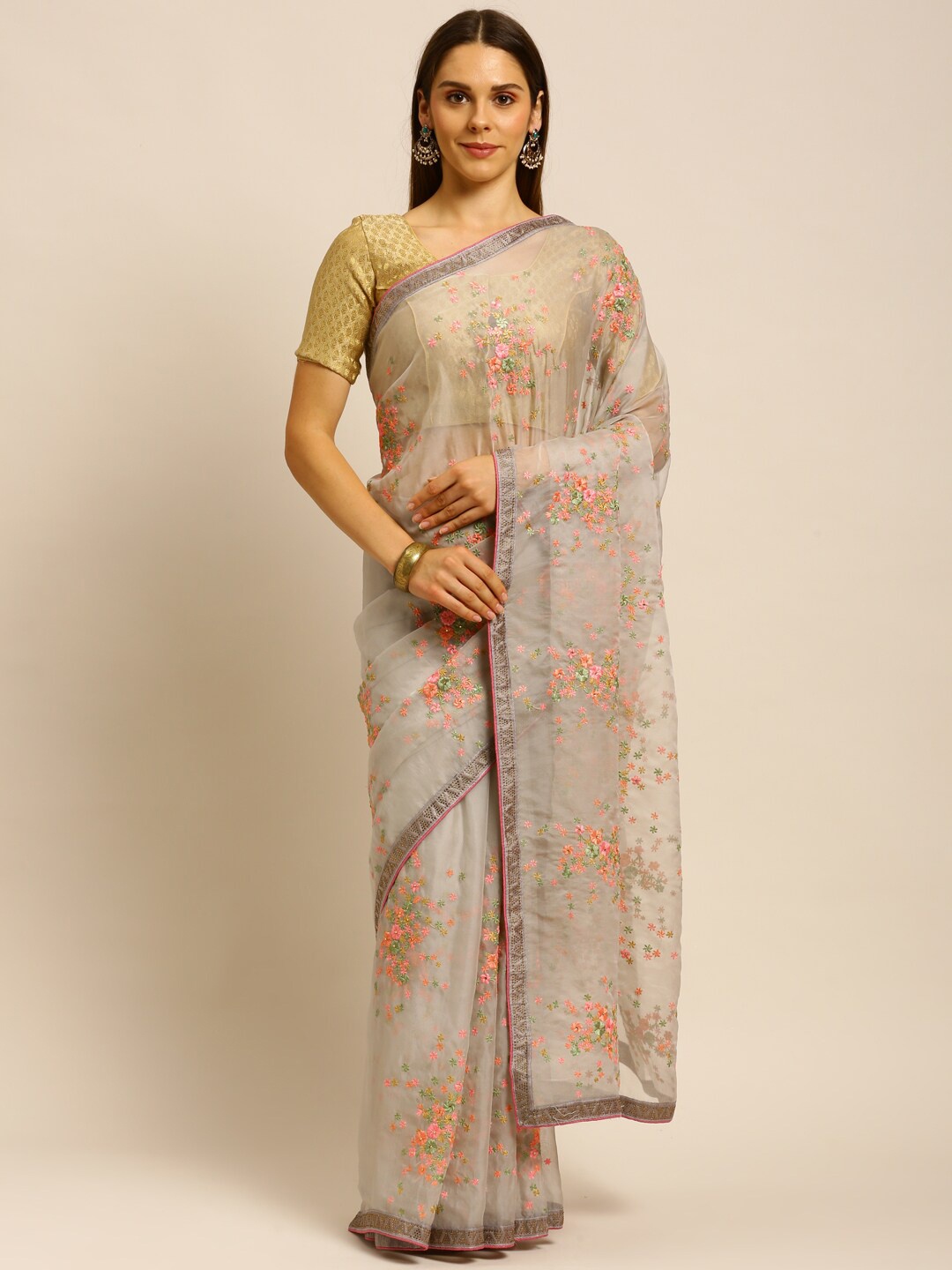 

kasee Grey & Orange Floral Embroidered Organza Saree
