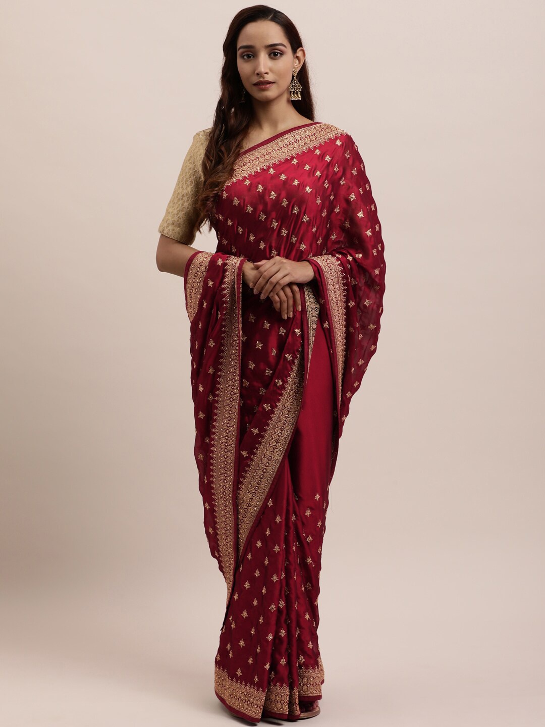 

kasee Maroon & Gold-Toned Floral Embroidered Art Silk Saree