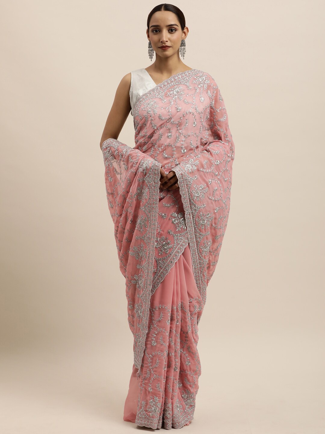 

kasee Pink & Silver-Toned Floral Embroidered Pure Georgette Saree