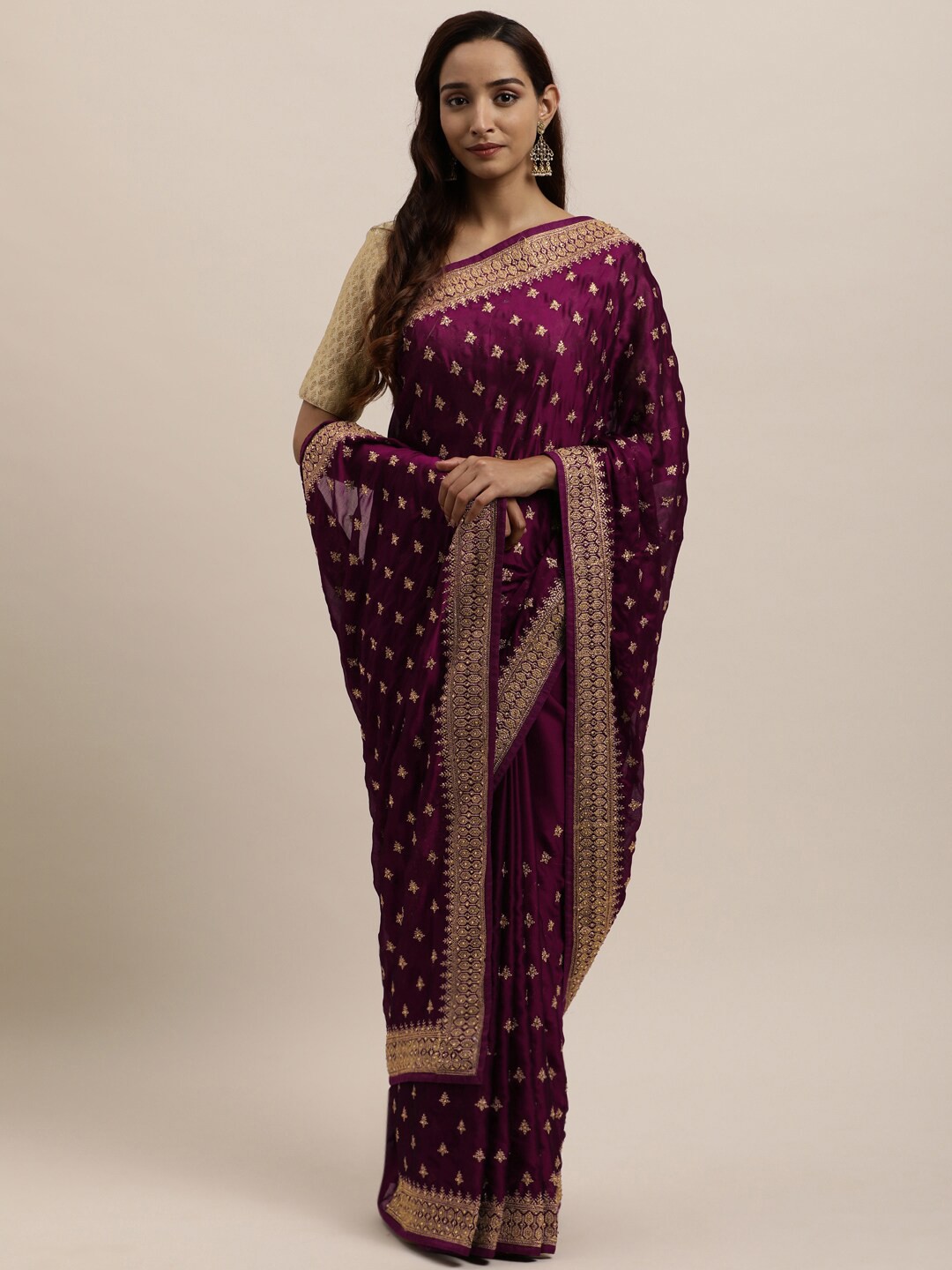 

kasee Purple & Silver-Toned Floral Embroidered Art Silk Saree