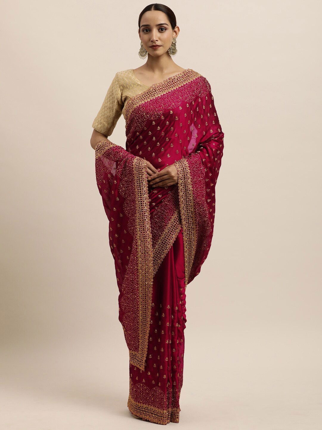 

kasee Red & Gold-Toned Floral Embroidered Art Silk Saree