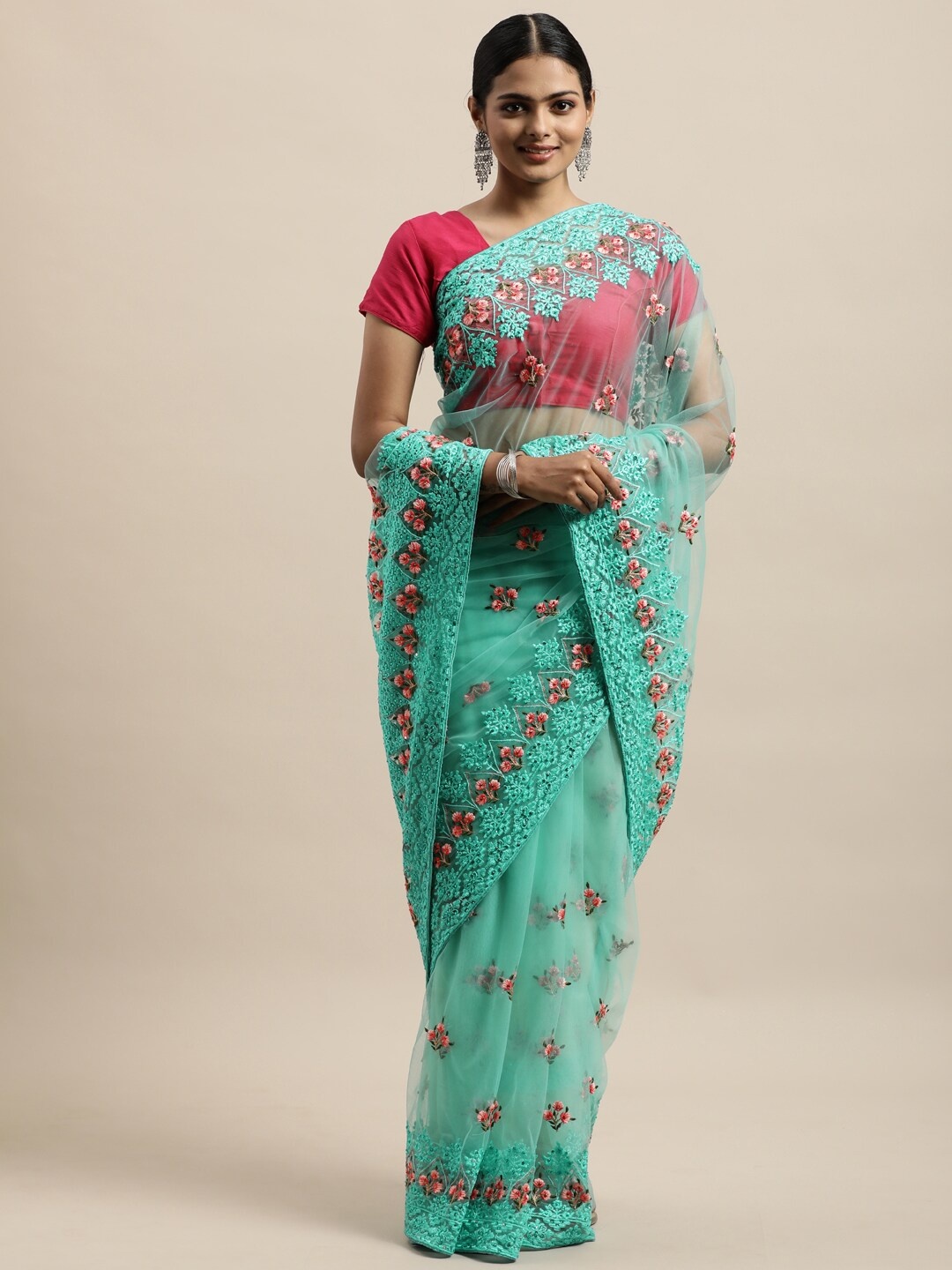 

kasee Blue & Pink Floral Embroidered Net Saree