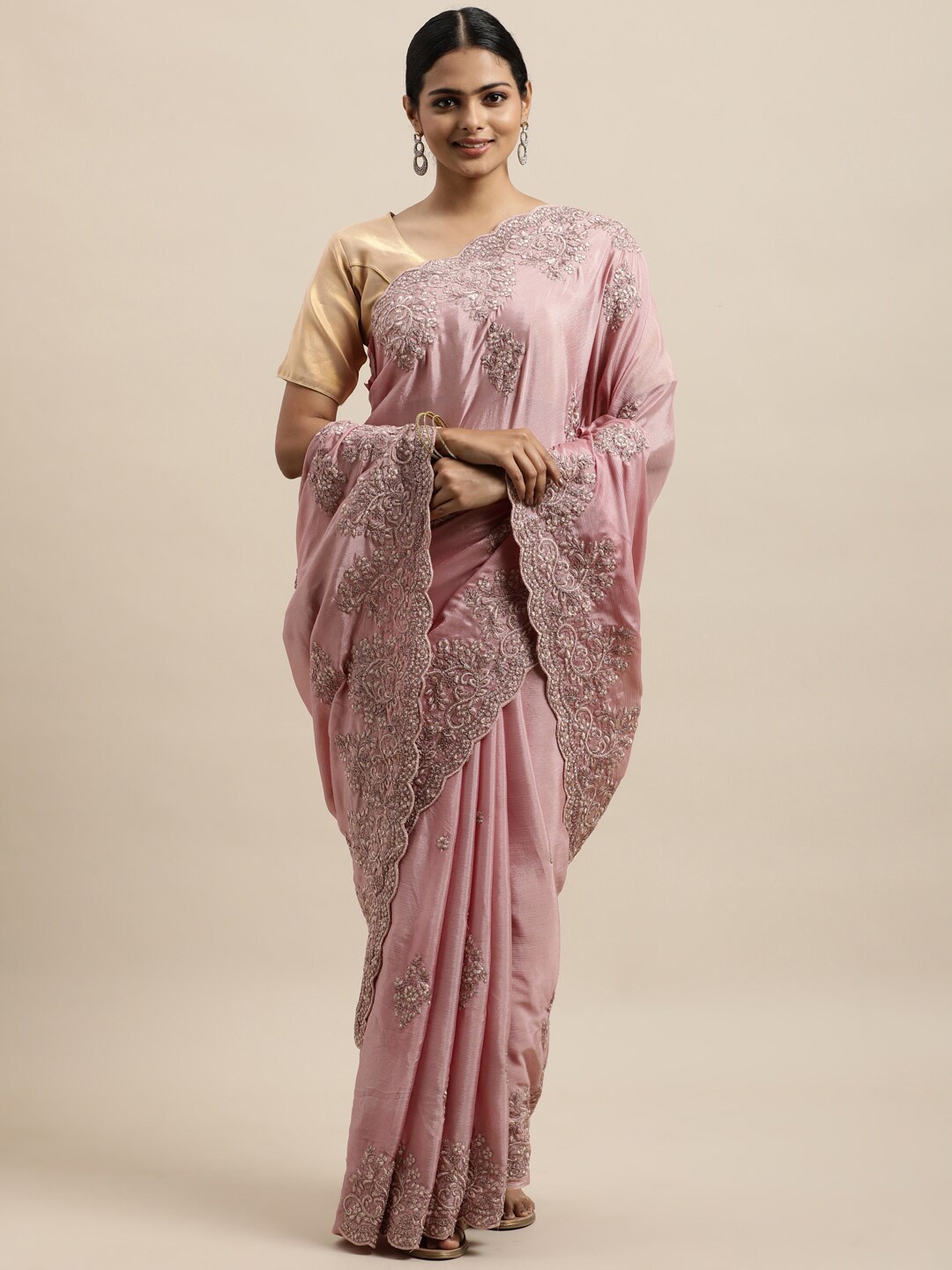

kasee Pink & Gold-Toned Floral Embroidered Pure Chiffon Saree