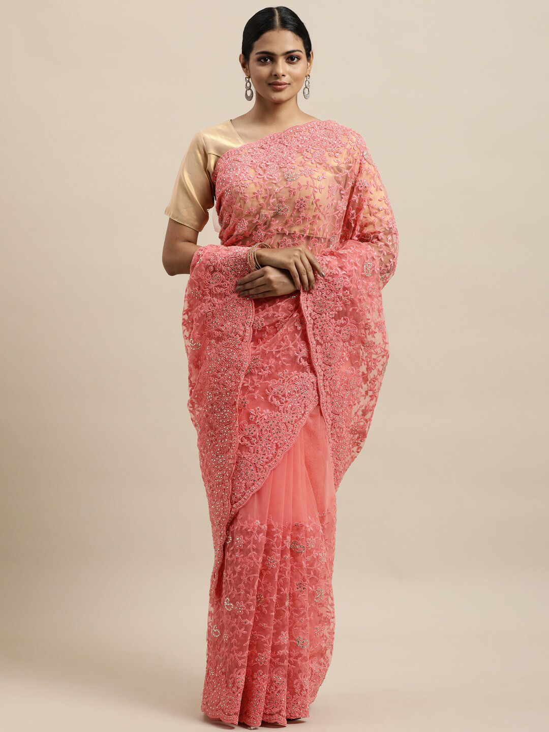 

kasee Pink Floral Embroidered Net Saree