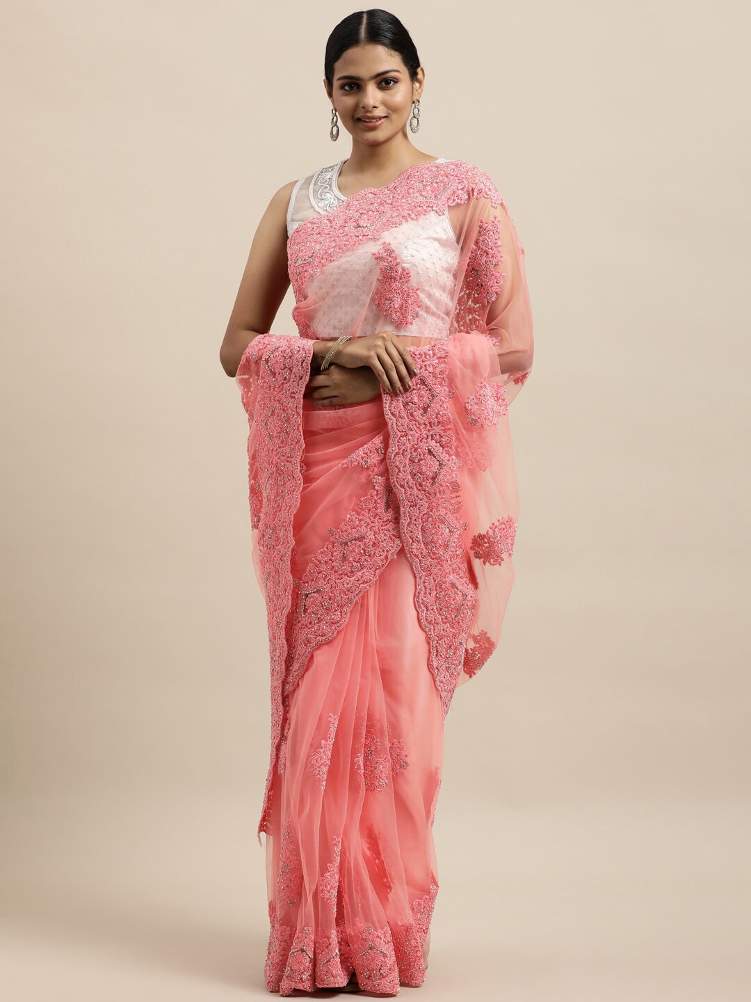 

kasee Pink & Silver-Toned Floral Embroidered Net Saree