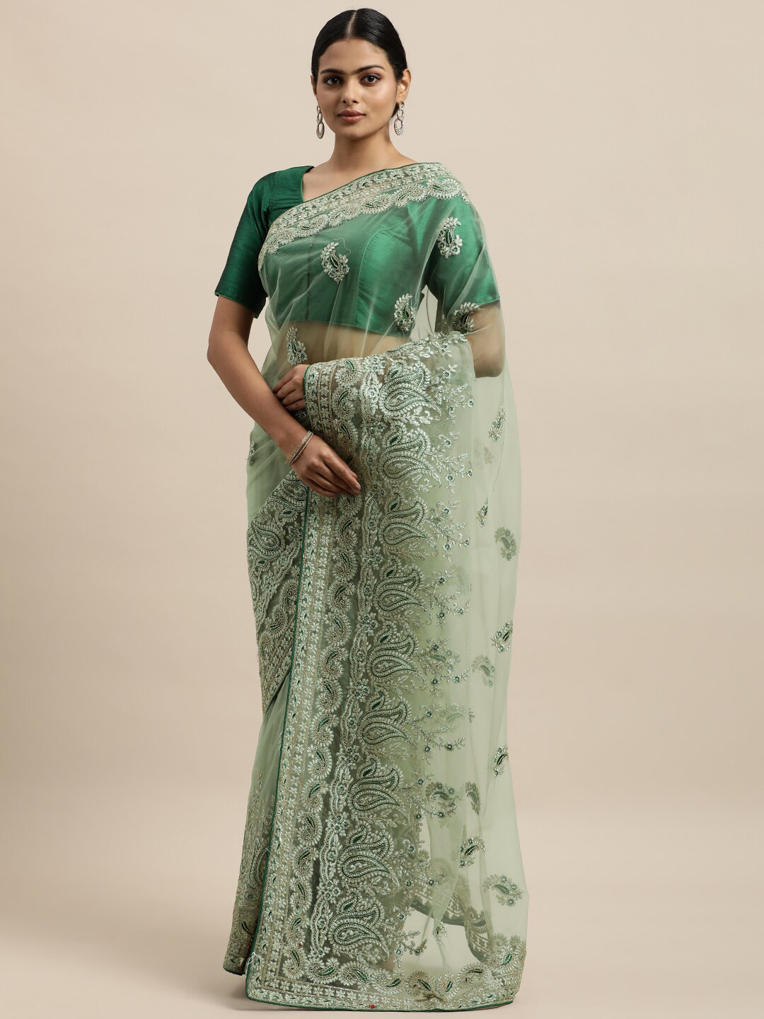 

kasee Green & Silver-Toned Floral Embroidered Net Saree