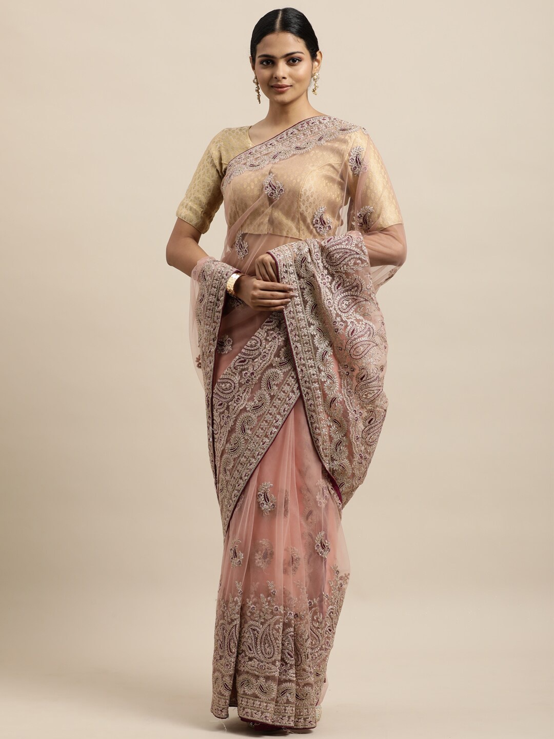 

kasee Pink Paisley Embroidered Net Saree