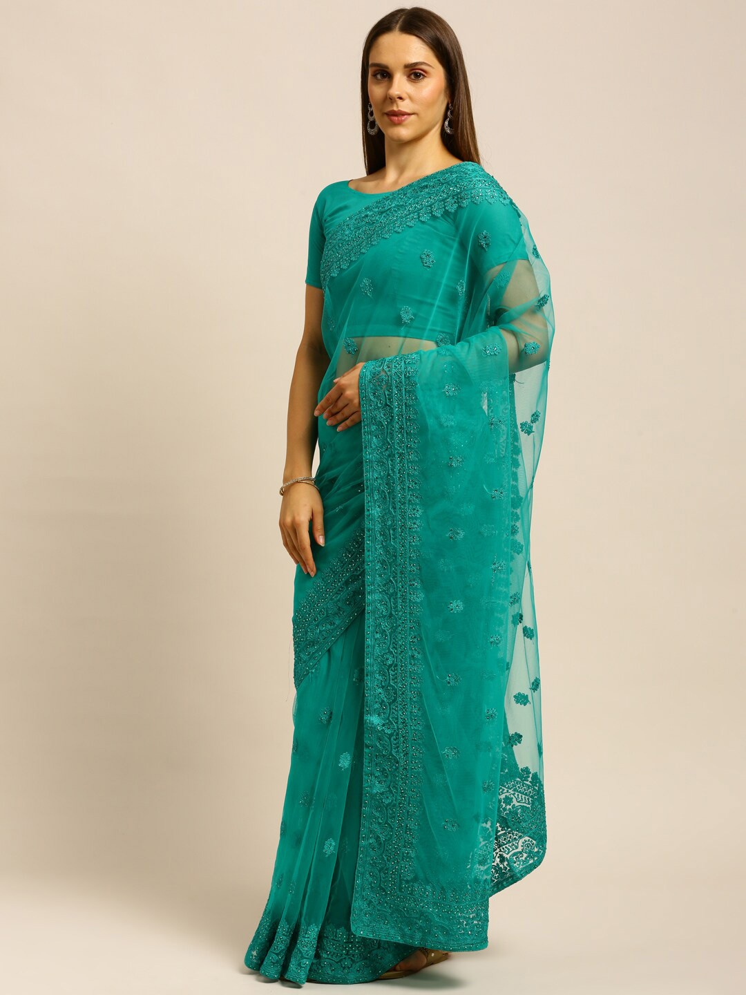 

kasee Blue Floral Embroidered Net Saree