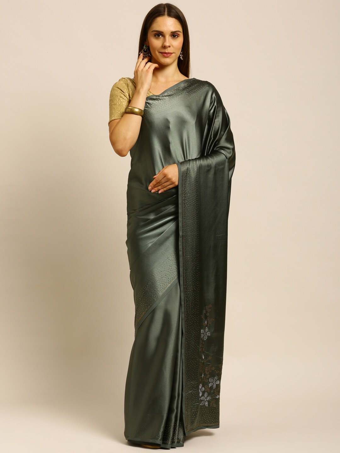 

kasee Green Embroidered Satin Heavy Work Saree