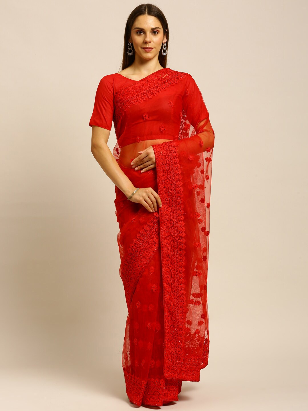 

kasee Red Floral Embroidered Net Saree