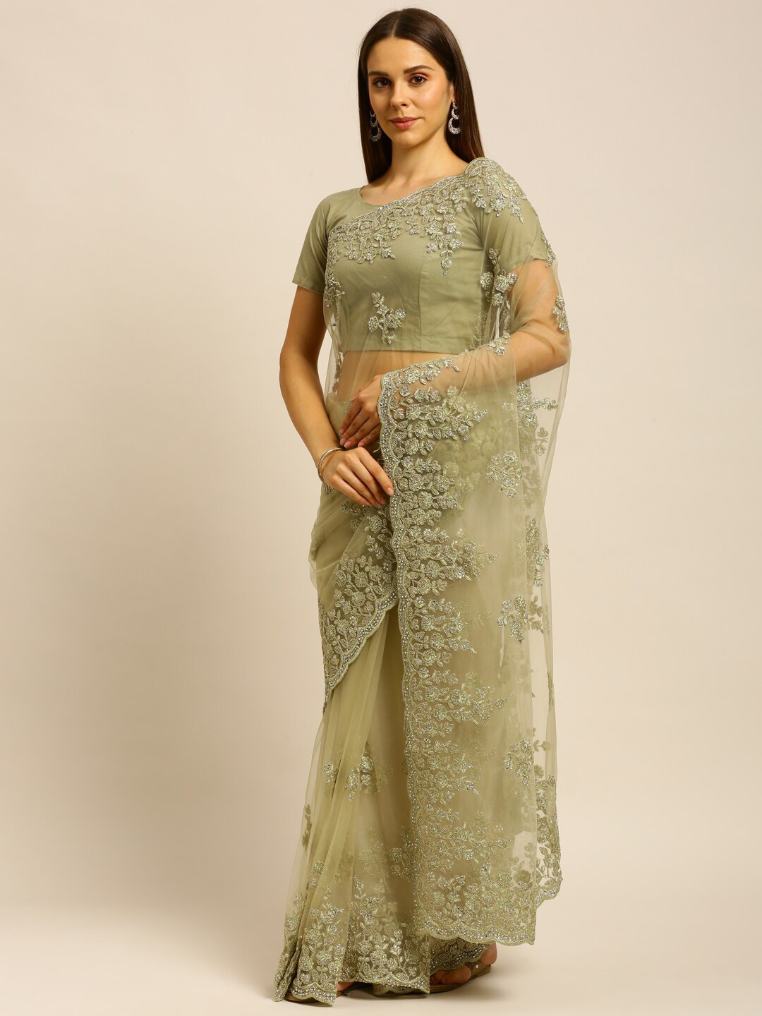 

kasee Green Floral Embroidered Net Saree