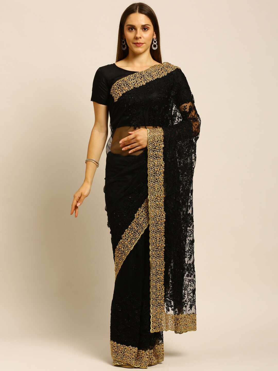 

kasee Black & Gold-Toned Floral Embroidered Net Saree