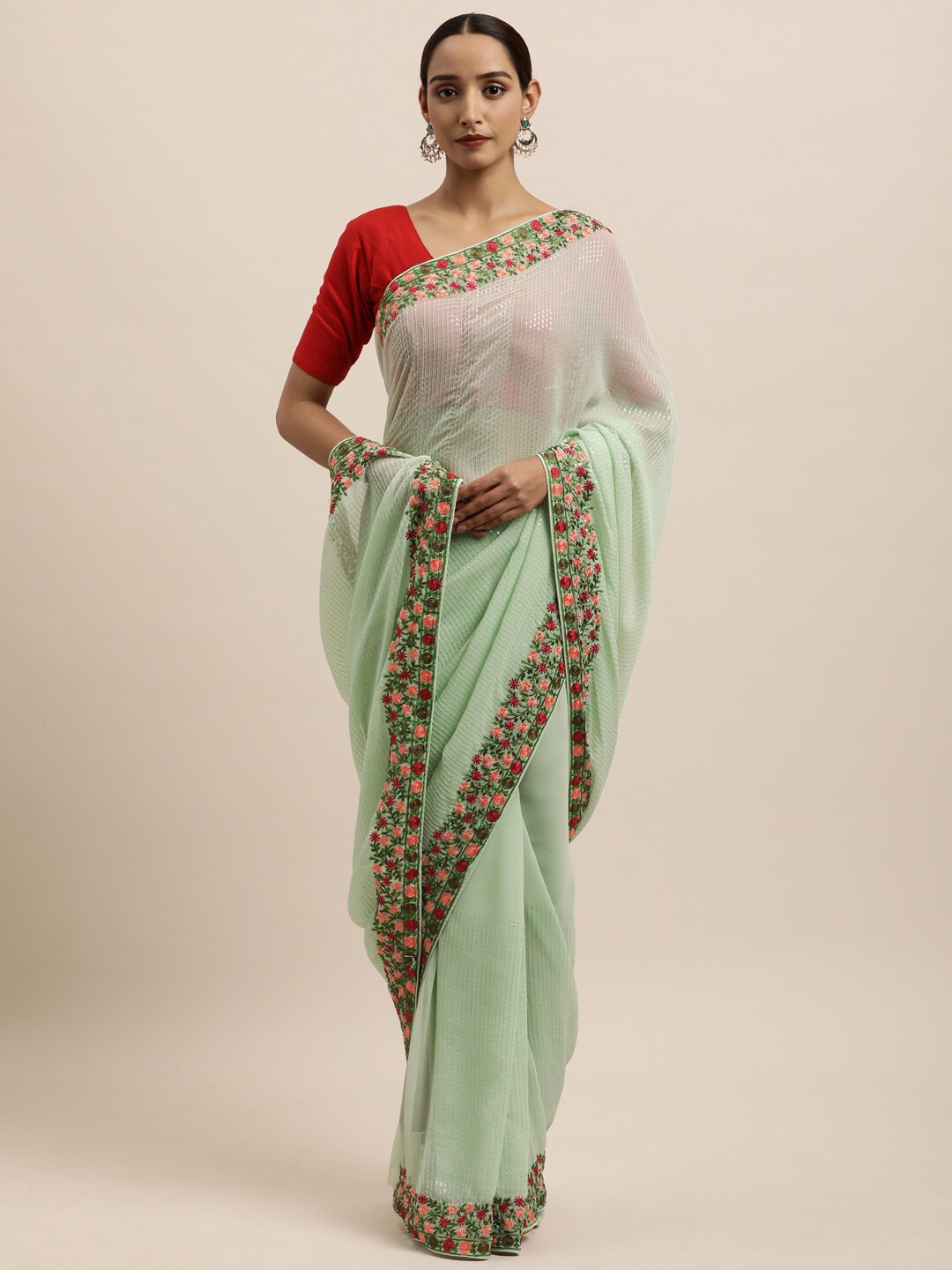 

kasee Green & Gold-Toned Embroidered Pure Georgette Saree