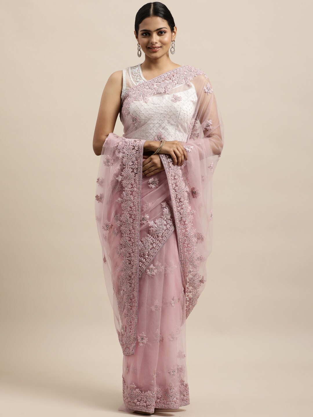 

kasee Pink Floral Embroidered Net Saree