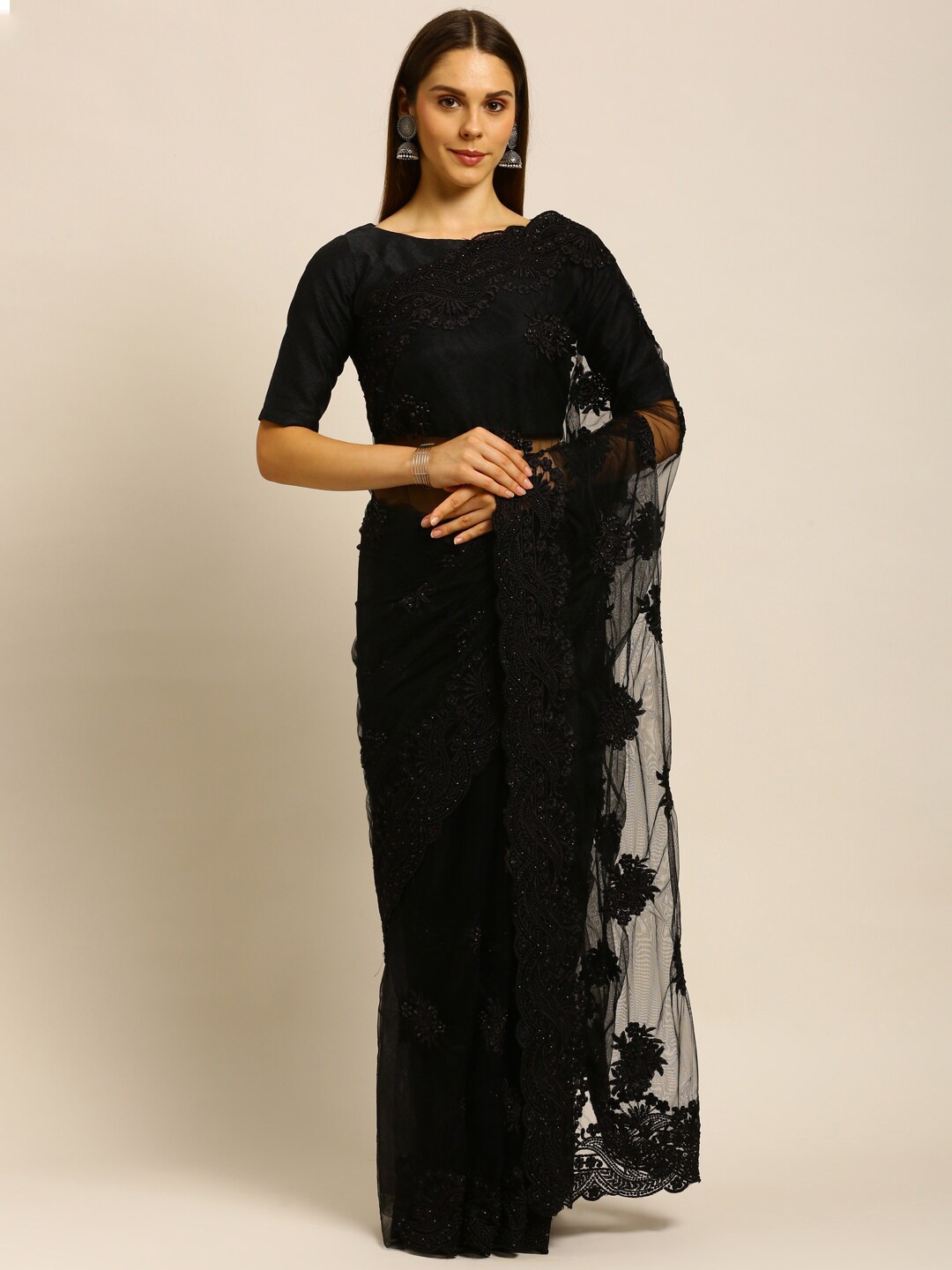 

kasee Black Floral Embroidered Net Saree