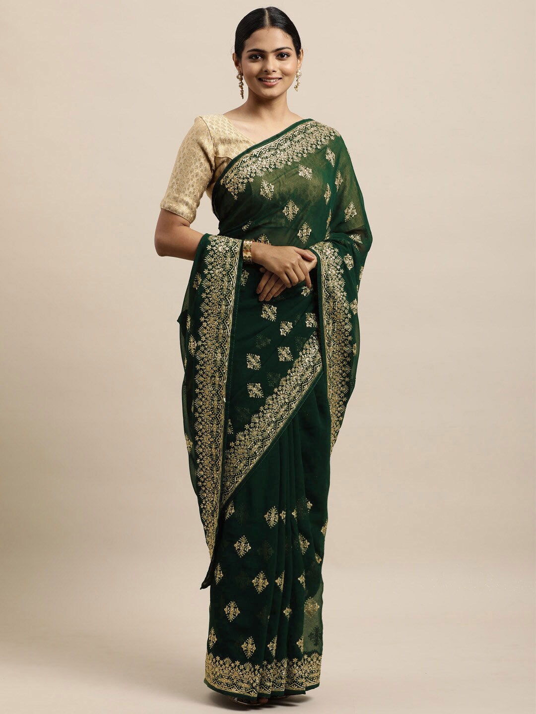 

kasee Green & Gold-Toned Floral Embroidered Pure Georgette Saree