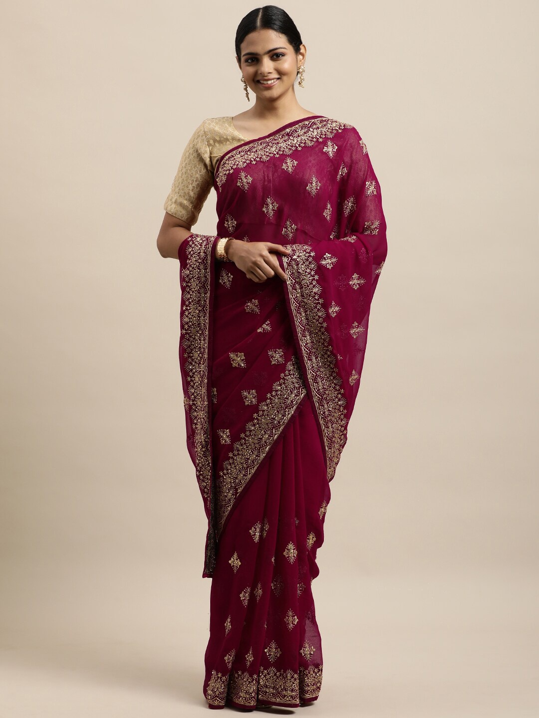 

kasee Red & Gold-Toned Floral Embroidered Pure Georgette Saree
