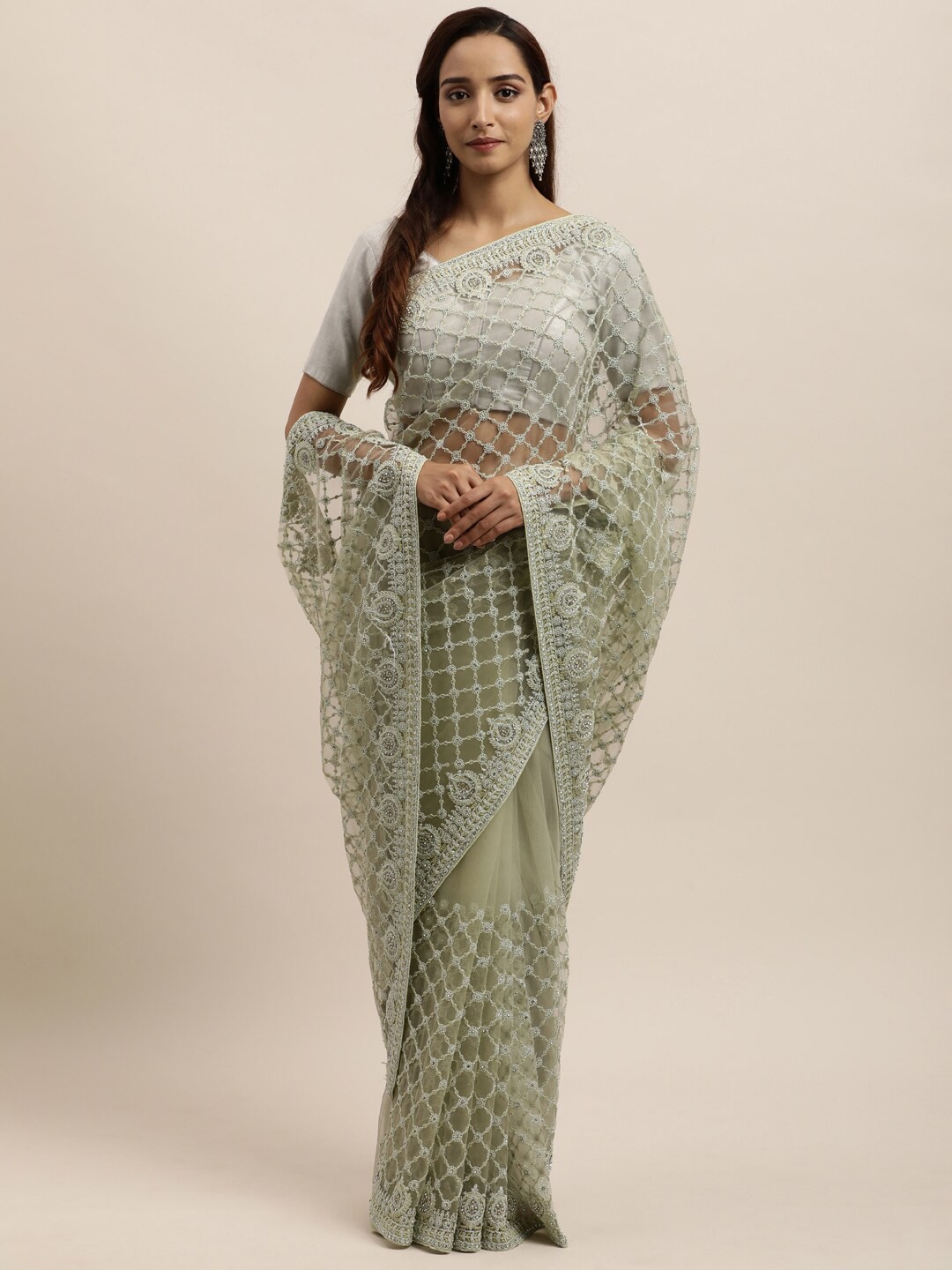 

kasee Green & Silver-Toned Floral Embroidered Net Saree