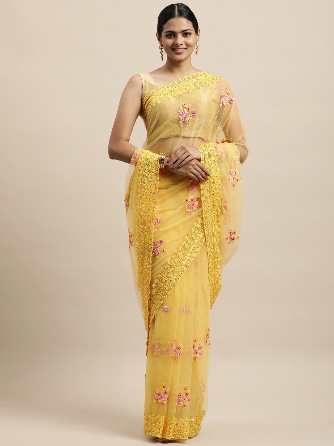 

kasee Yellow & Pink Embroidered Net Saree