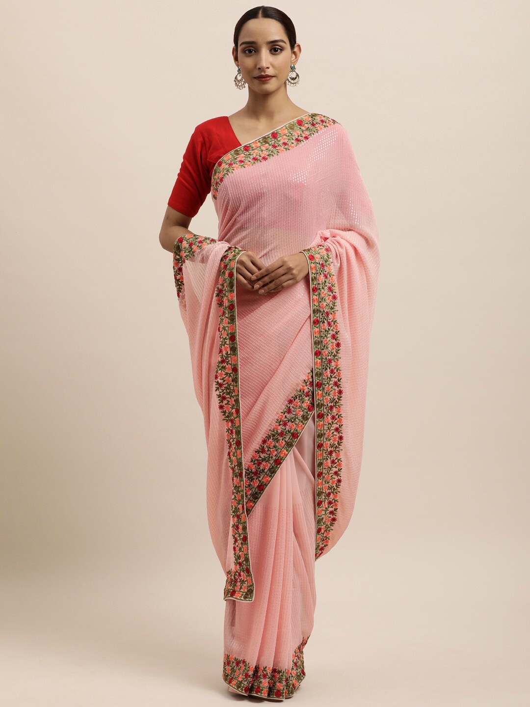

kasee Pink & Green Floral Embroidered Pure Georgette Saree