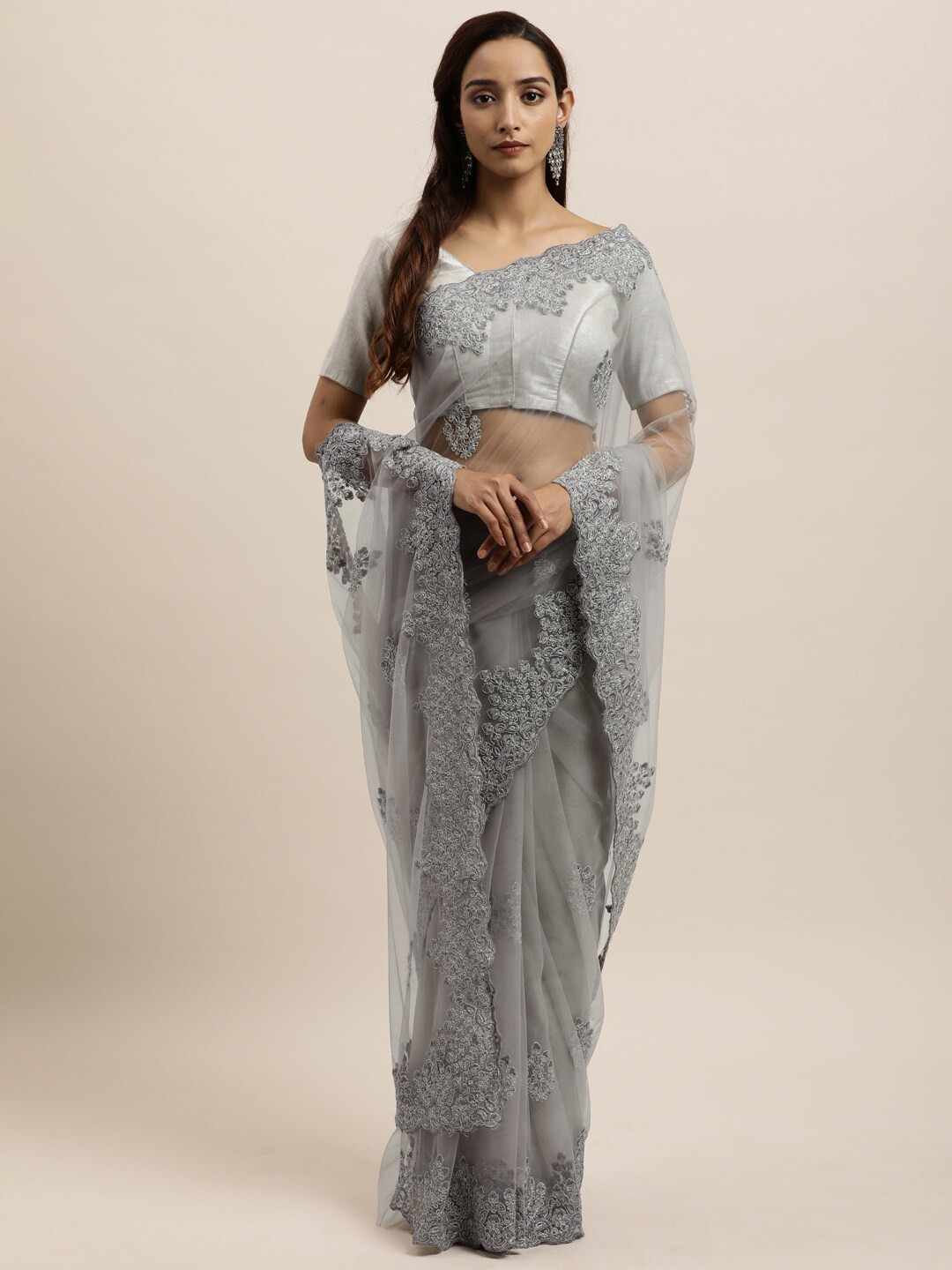 

kasee Grey & Silver-Toned Floral Embroidered Net Saree