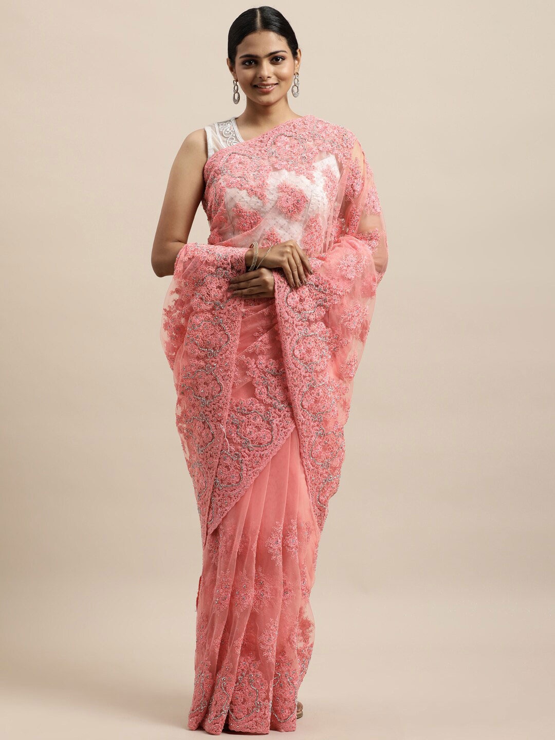 

kasee Pink Floral Embroidered Net Saree