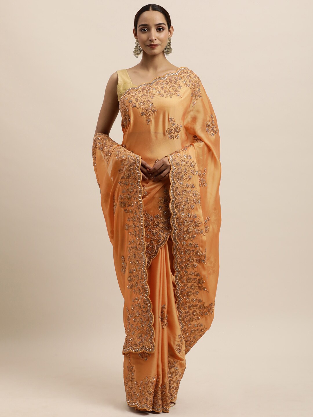 

kasee Yellow & Copper-Toned Floral Embroidered Art Silk Saree