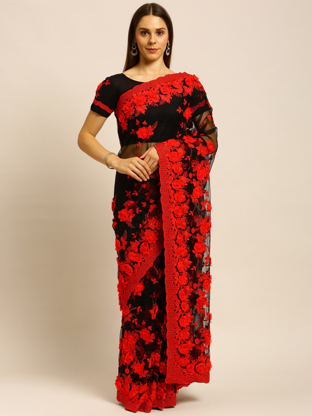 

kasee Red & Black Floral Embroidered Net Saree