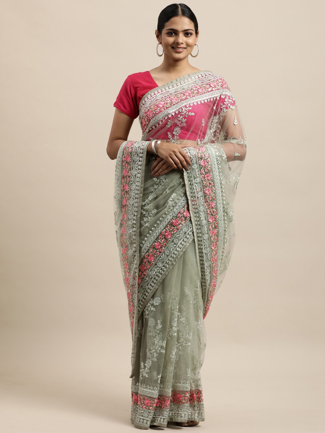 

kasee Green & Pink Floral Embroidered Net Saree