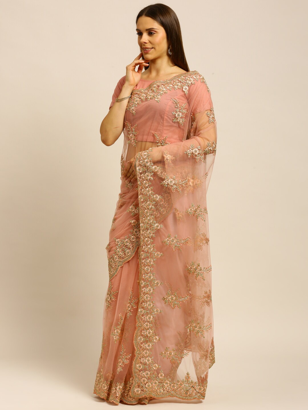 

kasee Peach-Coloured & Gold-Toned Floral Embroidered Net Saree