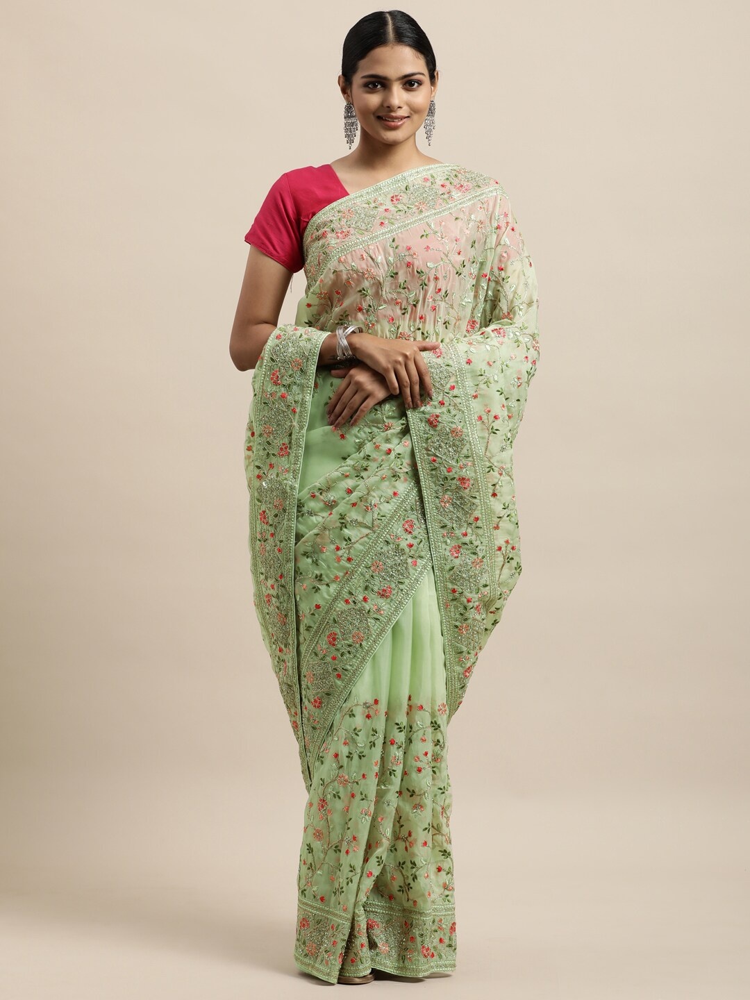 

kasee Green & Red Floral Embroidered Organza Saree