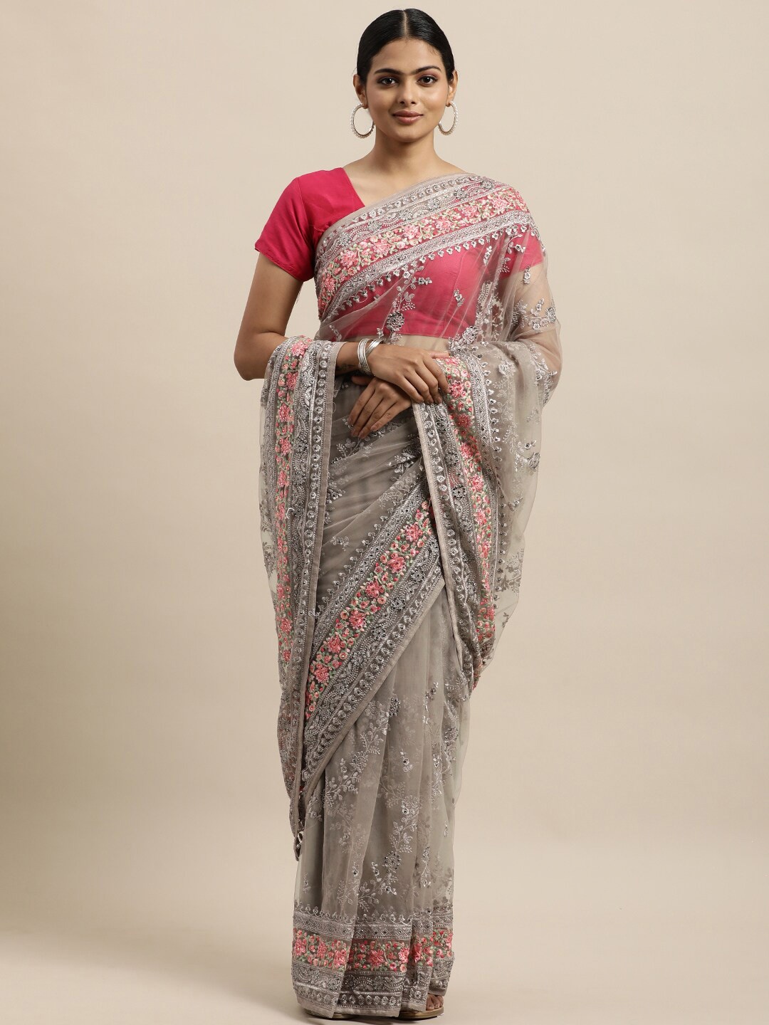 

kasee Grey & Fuchsia Floral Embroidered Net Heavy Work Saree