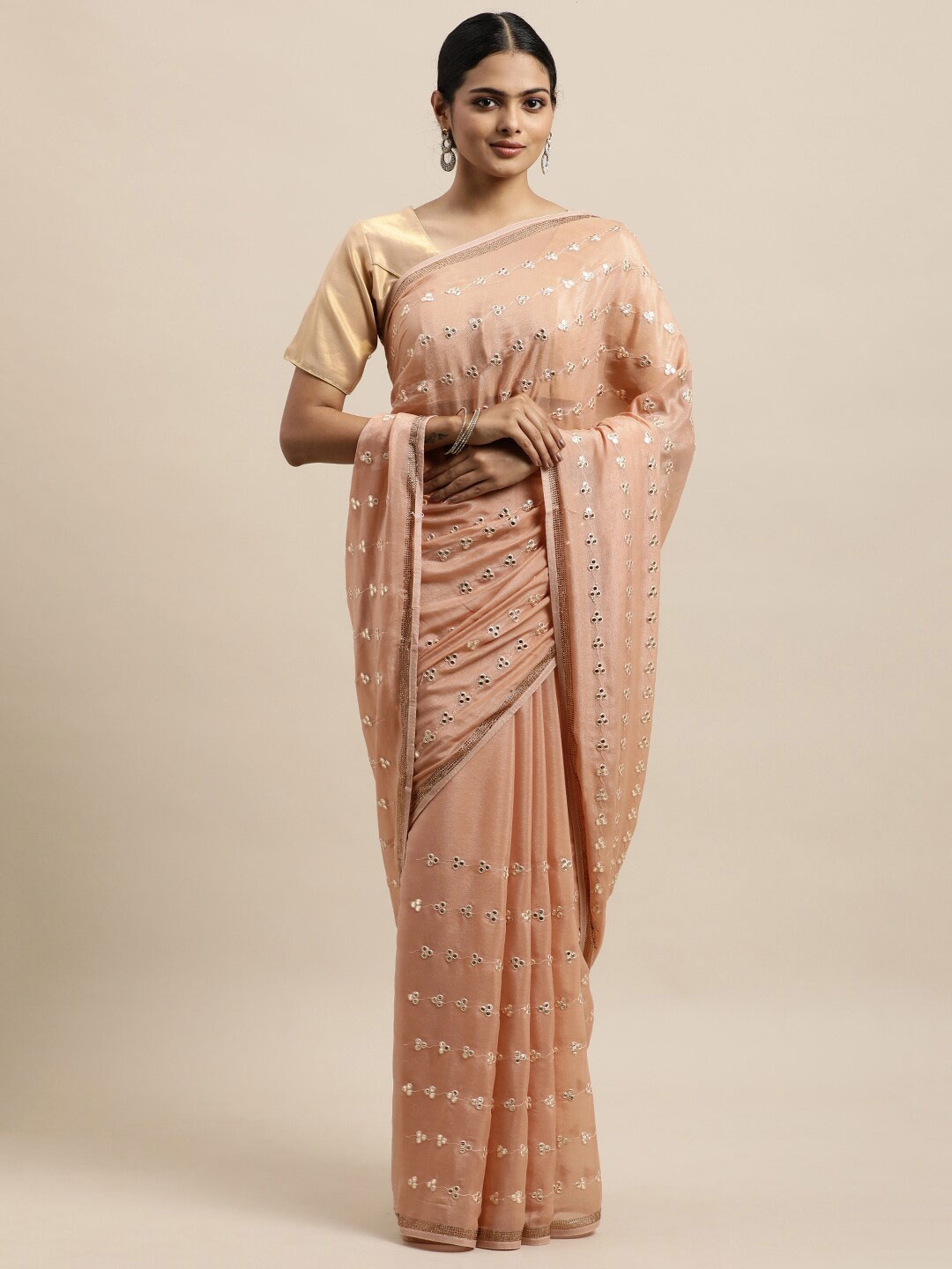 

kasee Peach-Coloured & White Mirror Work Satin Saree