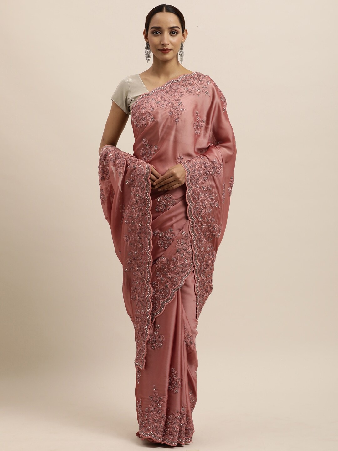 

kasee Peach-Coloured Floral Embroidered Art Silk Saree