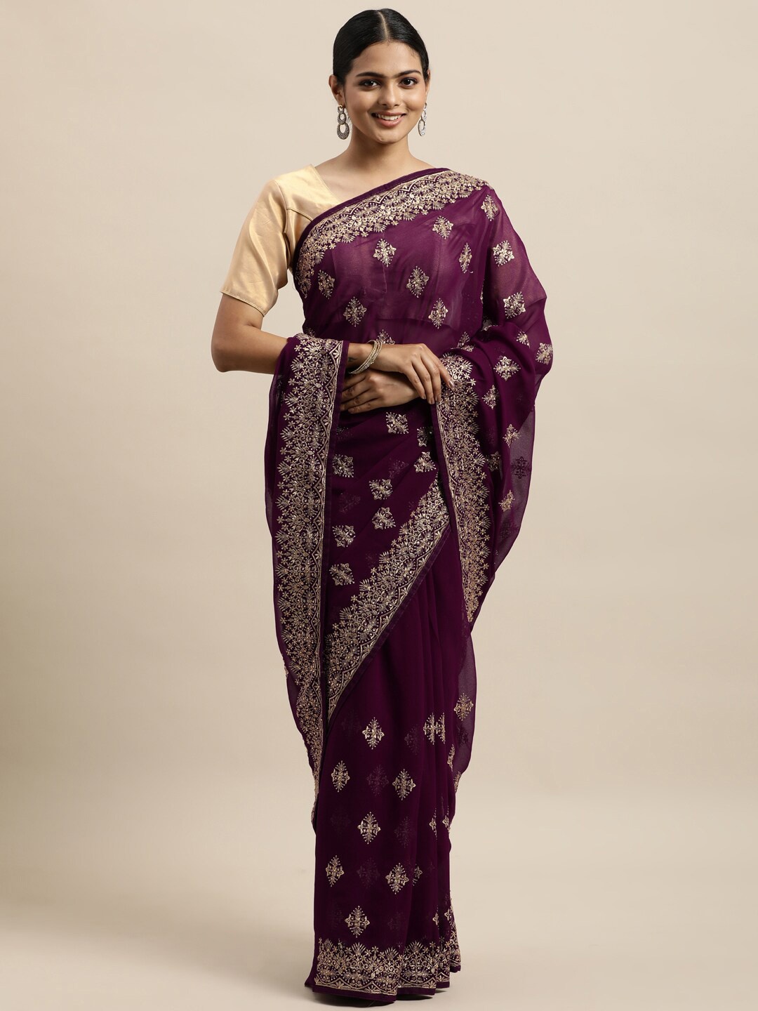 

kasee Maroon & Gold-Toned Floral Embroidered Pure Georgette Saree