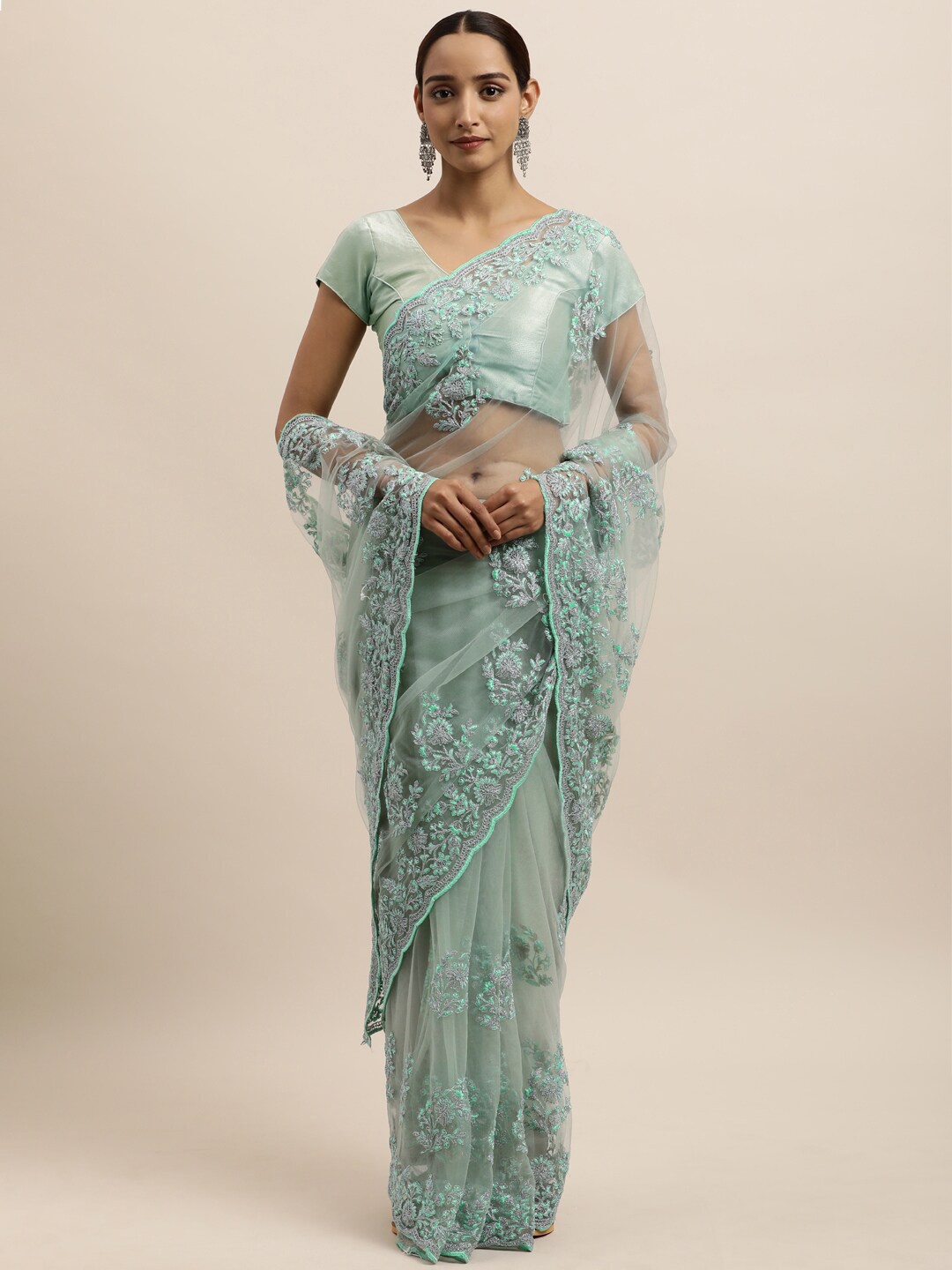 

kasee Blue Floral Embroidered Net Saree