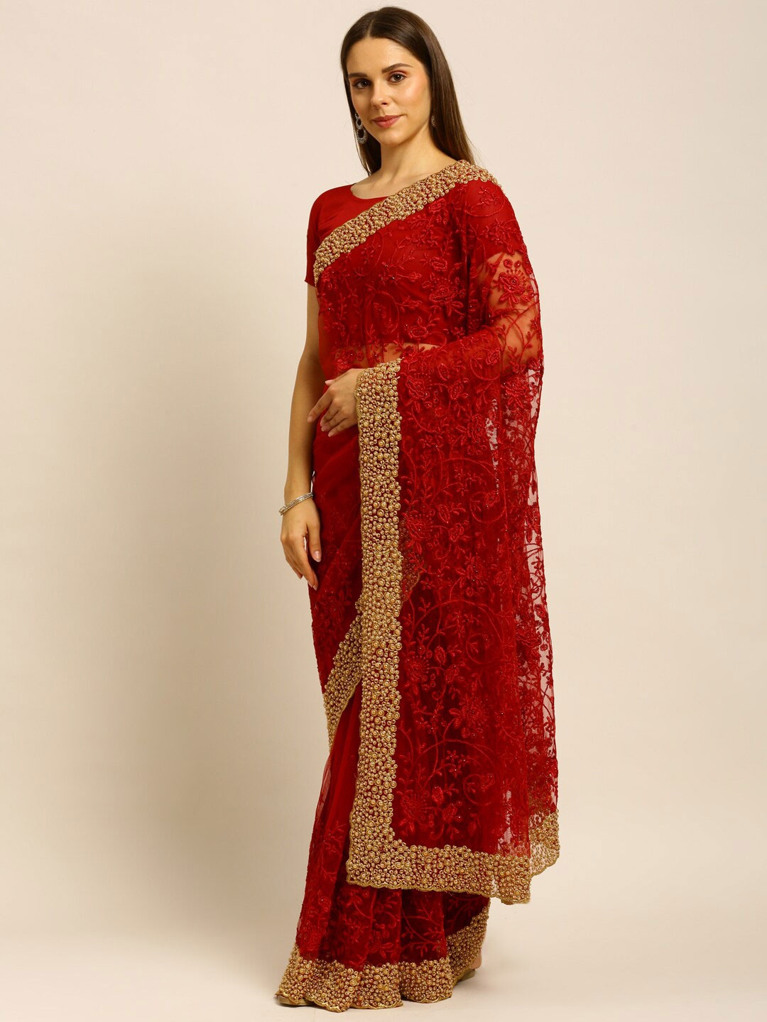 

kasee Maroon & Gold-Toned Floral Embroidered Net Saree