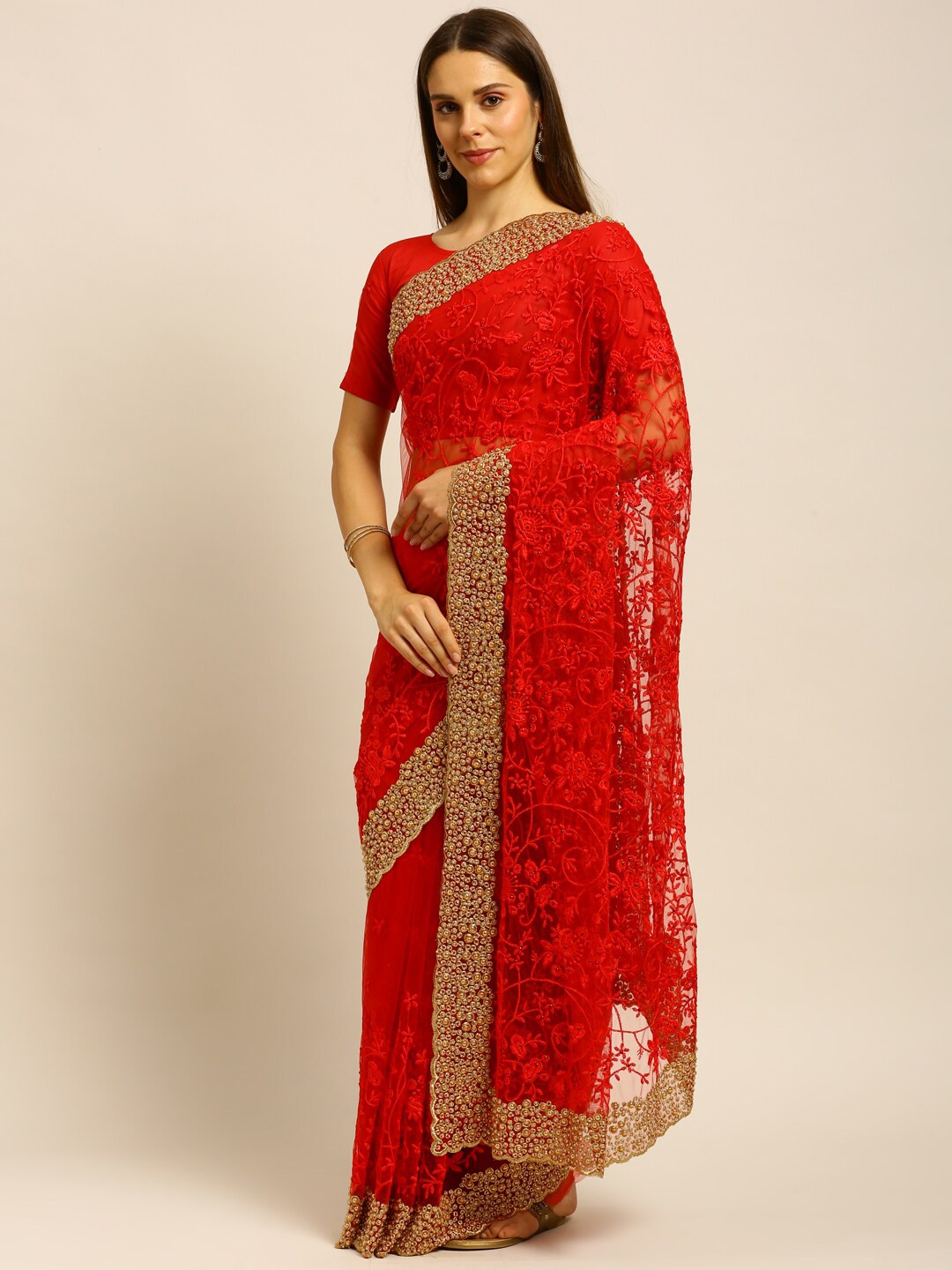 

kasee Red & Gold-Toned Floral Embroidered Net Saree