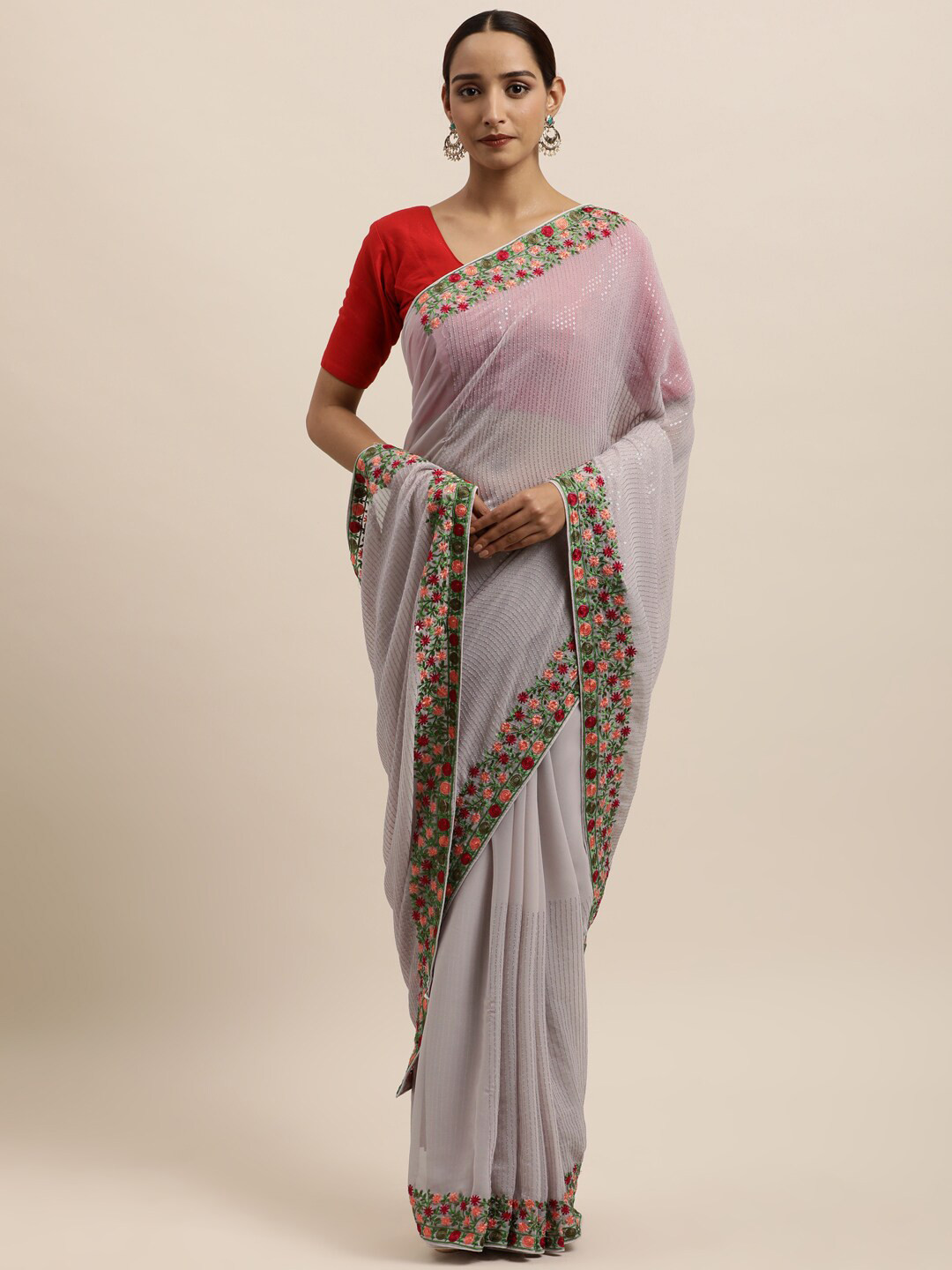 

kasee Grey & Red Embellished Embroidered Pure Georgette Saree