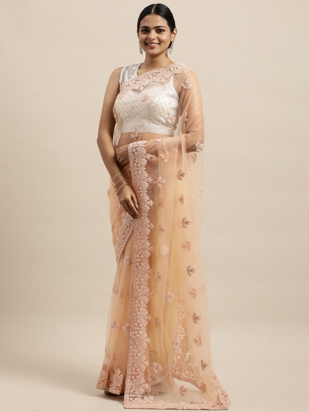 

kasee Peach-Coloured Floral Embroidered Net Saree