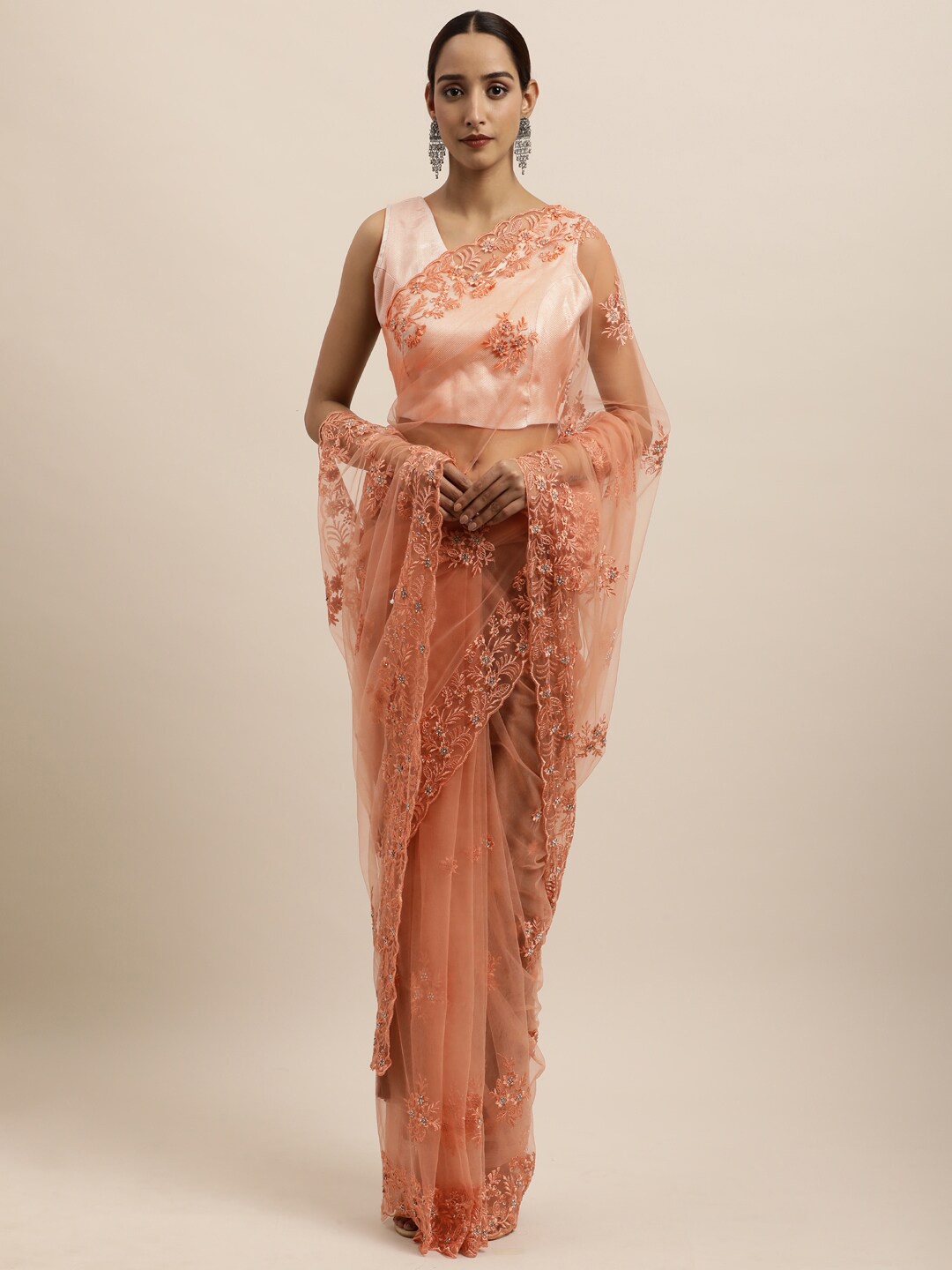 

kasee Peach-Coloured & Copper-Toned Floral Embroidered Net Saree