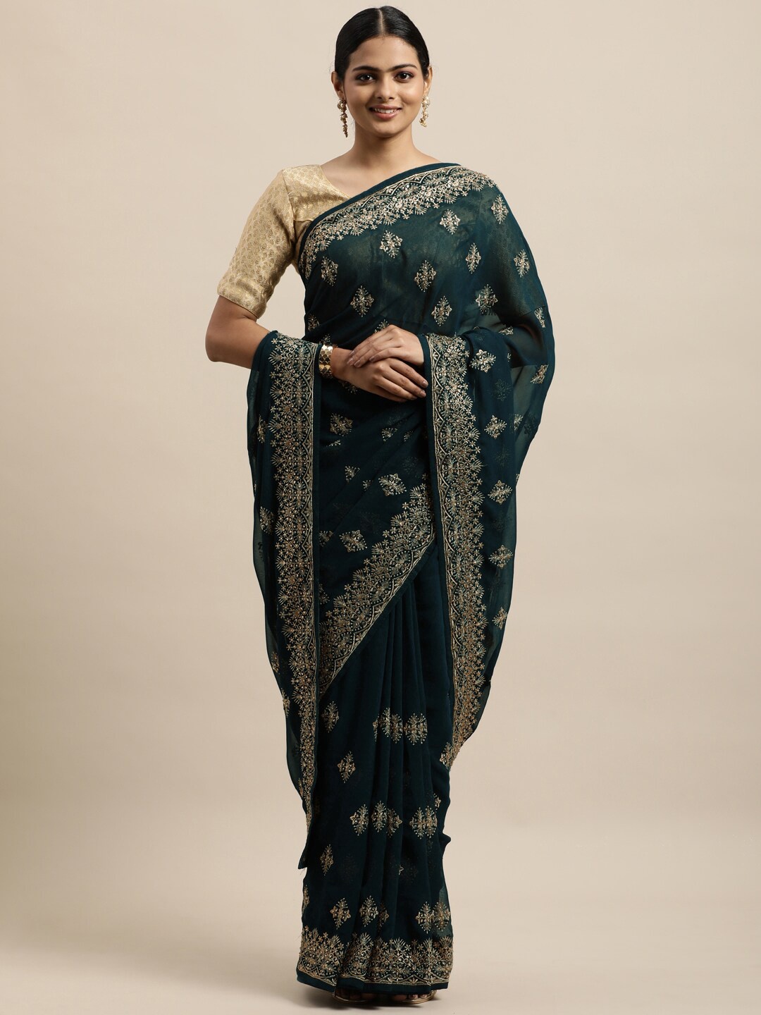 

kasee Blue & Gold-Toned Floral Embroidered Pure Georgette Saree