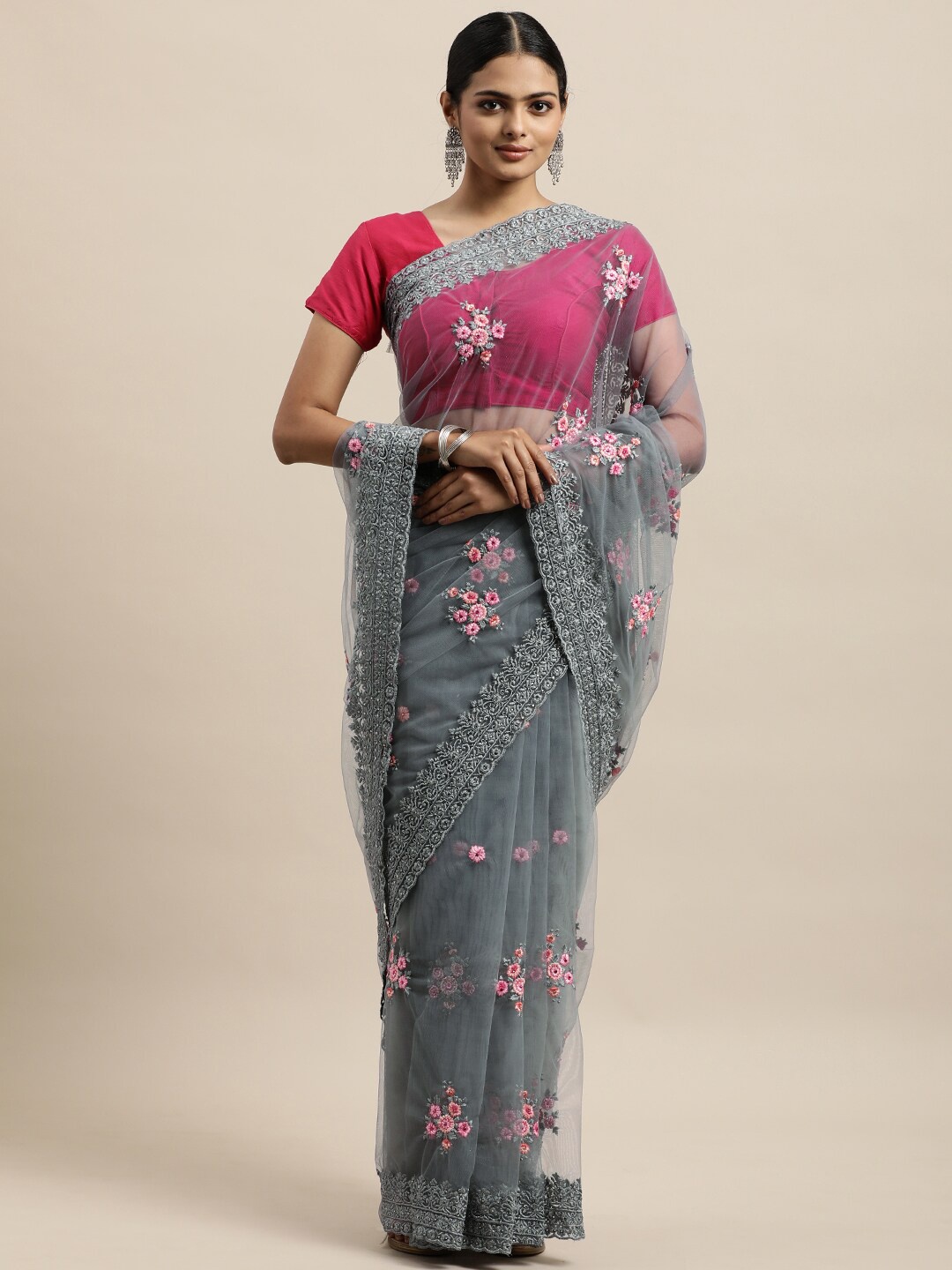 

kasee Grey & Pink Floral Embroidered Net Saree