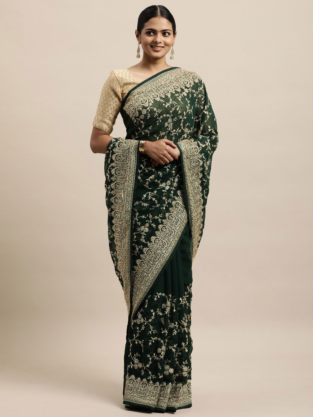 

kasee Green & Gold-Toned Floral Embroidered Pure Georgette Saree