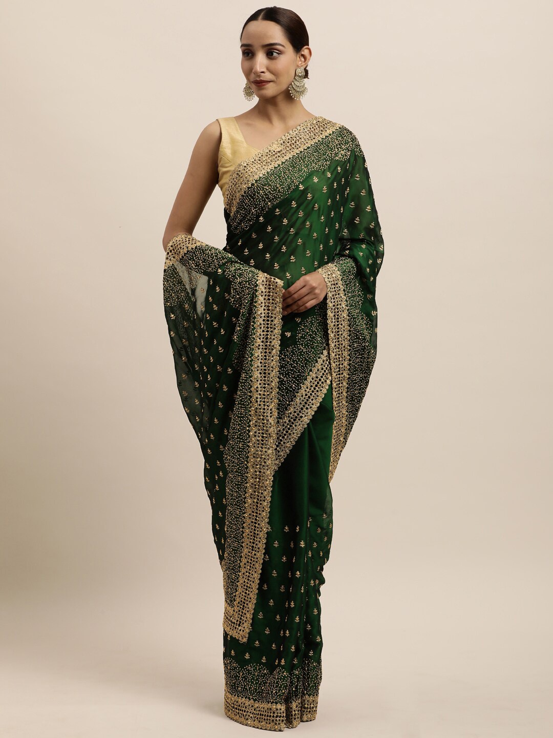 

kasee Green & Gold-Toned Floral Embroidered Art Silk Saree