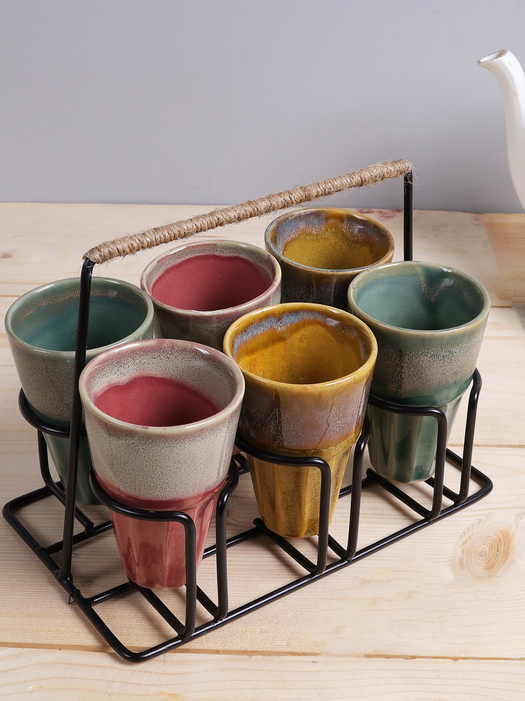 

Homesake Set Of 6 Multicoloured Printed Ceramic Glossy Cups With Stand, Multi