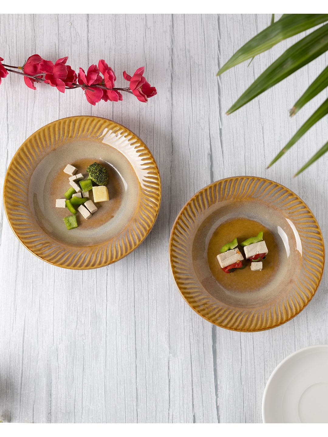 

Homesake Set Of 2 Mustard -Yellow Handcrafted Ceramic Round Food Platters