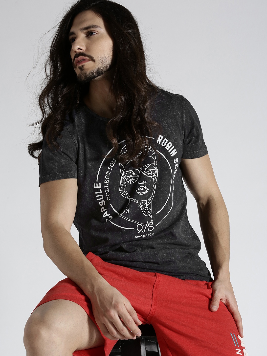 

s.Oliver Men Charcoal Grey Printed Round Neck Pure Cotton T-shirt