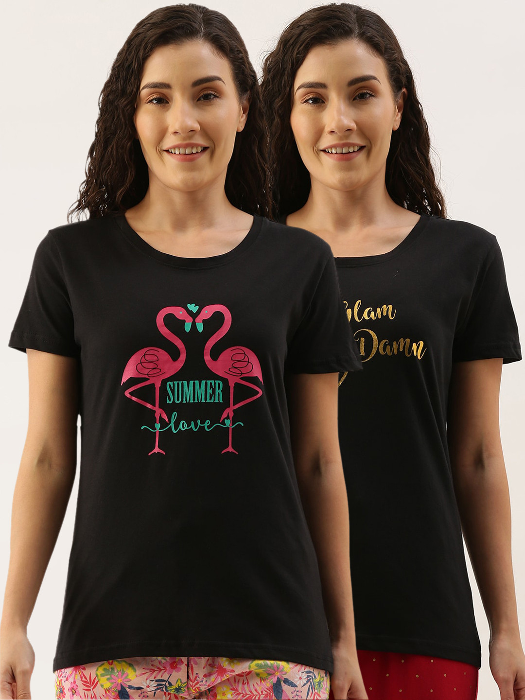 

Kryptic Women Pack Of 2 Typography Printed Pure Cotton Lounge T-Shirts, Black
