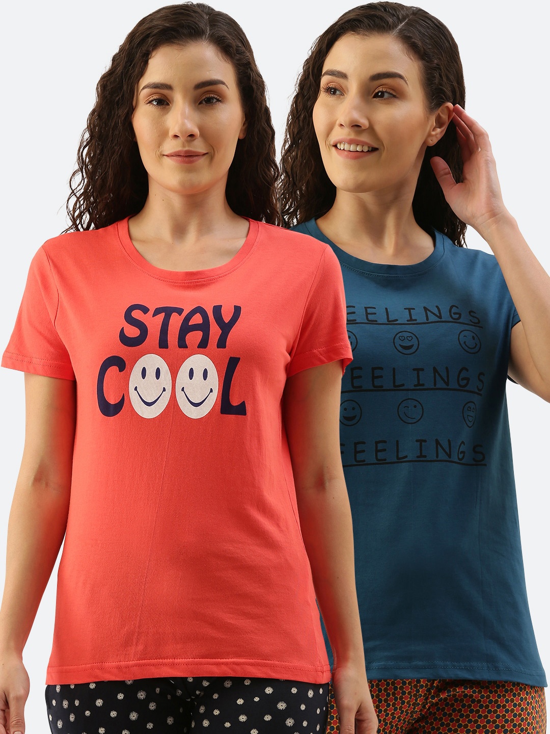 

Kryptic Women Pack Of 2 Printed Pure Cotton Lounge T-Shirts, Coral